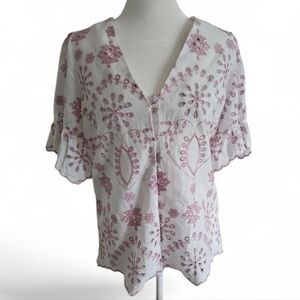 Bunulu Boho Eyelet Embroidered Short Bell Sleeve V-neck Button Down Blouse